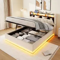 HAUSS SPOLE Gestoffeerd Bed 140x200 cm - Met Ledverlichting En Usb En Type C Oplaadpunt - Met Hoofdbordplank En Opbergzak - Zonder Matras - Fluweel - Beige