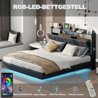 HAUSS SPOLE Gestoffeerd Bed 140x200 cm - Hoofdeinde met USB & Opbergruimte - LED Sfeerlicht - Zwevend Ontwerp - Linnenstof - Grijs - Zonder matras