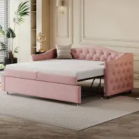 HAUSS SPOLE Gestoffeerd Bed 90x200 cm - Uittrekbaar met Lattenbodem en USB-poort - Multifunctioneel voor Woonkamer en Gastenkamer - Linnen - Roze - Zonder matras