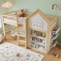HAUSS SPOLE Hoogslaper 90x200cm - Met Opbergvakken En 3 Lades - Stabiele Traptreden En Veiligheidshek - Zonder Matras - Massief Hout En MDF - Wit Naturel