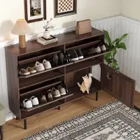 HAUSS SPOLE Schoenenkast - Smal Met 3 Klapplanken Voor 7-9 Paar En 1 Kattenspeelvak - Met Ventilatieachterwand - Spaanplaat - Natuurlijk Notenhout - 120x28x92 cm