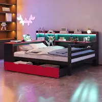 HAUSS SPOLE Houten Bed 140x200 cm - Slaapbank Met Bureau, Boekenkast, Opbergrekken En Lades - Met Ledverlichting En Stopcontacten Met Usb - Zonder Matras - Zwart Rood