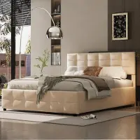 HAUSS SPOLE Gestoffeerd Bed 180x200 cm - Tweepersoonsbed met Gestikte Rugleuning - Hydraulische Opbergruimte - Lattenbodem met 24 Latten - Hollands Fluweel - Beige - Zonder matras