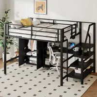 HAUSS SPOLE Hoogslaper 140x200cm - Kinderbed Met Kledingkast en Meerdere Planken - Met Opbergladder en Ingebouwd Bureau - Metaal & MDF - Zwart - Zonder matras