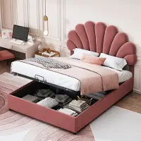 HAUSS SPOLE Gestoffeerd Bed 140x200 - Kinderbed Met Verstelbaar Hoofdteil En Hydraulisch Opbergbed - Fluweel - Roze
