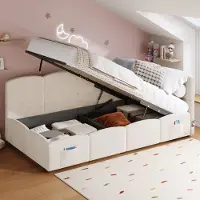 HAUSS SPOLE Gestoffeerd Bed 90x200cm - Slaapbank Met Hydraulische Opbergruimte En USB Aansluitingen - Met Lattenbodem - Zonder Matras - Fluweel - Beige