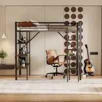 HAUSS SPOLE Hoogslaper 90x200 cm - Bed Met Bureau En 3 Ruime Opbergplanken - Met Veilig Reling En Vaste Ladder - Metaal/MDF - Zwart - Zonder matras