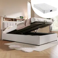 HAUSS SPOLE Gestoffeerd Bed - 160x200 cm - Tweepersoonsbed met hydraulisch opbergbed en USB C-type oplaadfunctie - verstelbaar hoofdbord - Linnen - Beige