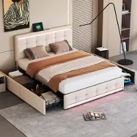 HAUSS SPOLE Gestoffeerd Bed 140x200 cm - met LED-Kopdeel en Muzieksync - 4 Laden & 2 USB - Gestoffeerd Linnen - Zonder matras - Beige