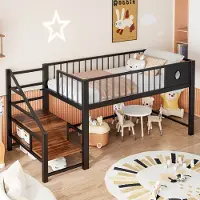 HAUSS SPOLE Laag Hoogslaper 90x200cm - Met Opbergladder En Ruimte Onder Bed - Stevig Metalen Frame - Zonder matras - Kinder En Tieners - Metaal - Zwart