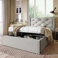 HAUSS SPOLE Gestoffeerd Bed 90x200cm - met Hydraulisch Opbergvak en Gepolsterd Hoofdeinde - voor Slaapkamer en Logeerkamer - Katoen - Lichtgrijs - zonder matras