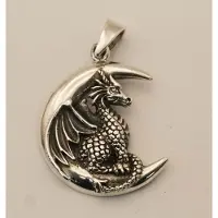 925 Zilveren hanger draak op maan - prachtige zilveren hanger draak op maan - stoere hals hangertje draak - fantasie wereld kettinghanger van zilver - silver pendant dragon on the moon