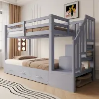 HAUSS SPOLE Stapelbed 90x200cm - Zonder matras - Uitschuifbed 90 Naar 180x190cm - Met 3 Laden En Opbergladder - Houten Bed - Grijs