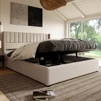HAUSS SPOLE Tweepersoonsbedden 160x200 cm - Gestoffeerd Bed Met Hydraulische Opbergruimte - Lattenbodem Inclusief Multifunctioneel Opbergbed - Linnen - Beige