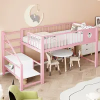 HAUSS SPOLE Laag Hoogslaper 90x200cm - Met Opbergladder En Ruimte Onder Bed - Stevig Metalen Frame - Zonder matras - MDF En Metaal - Roze