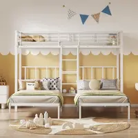 HAUSS SPOLE Metalen Stapelbed 3x90x200 cm - Drie Eenpersoonsbedden met Hek en Ladder - Met Opbergbord en Tafel - Voor Kinderkamer - Wit - Zonder matras