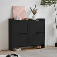 HAUSS SPOLE Schoenenkast – Modern Slank Ontwerp Met Klapvakken En Uittrekbaar Vak – Ruime Opbergruimte Voor Hal En Gang – Spaanplaat – 110x24x90 cm – Zwart
