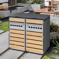 HAUSS SPOLE Afvalcontainer Ombouw - Dubbele Box Met Hydraulische Klep En 2 Deuren - Voor Tuin En Oprit - Staal Grijs Houtlook