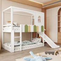 HAUSS SPOLE Stapelbed Huisvormig 90x200 cm - Met Raamdetails En Speels Spijlenhek - Glijbaan En Ladder - Open Onderruimte Speelruimte - Hout - Zonder matras - Wit