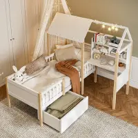 HAUSS SPOLE Huisbed 90x200cm - Veiligheidsreling En Lattenbodem - Opbergladen En Boekenplank - Schrijftafel - Massief Hout - Wit - Zonder matras