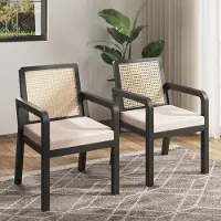 HAUSS SPOLE Eetkamerstoel - Velours - Ergonomisch met PE-Rotan Rugleuning - Verstelbare Voetjes - 56x57x83 cm - Rubberhout Zwart - 5,5 cm Schuimvulling