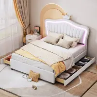 HAUSS SPOLE Gestoffeerd Bed 140x200cm - Schelp Hoofdeinde met Kroon - 4 Uittrekbare Laden & LED Kleurverlichting - PU-leer - Wit - Zonder matras