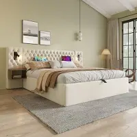 HAUSS SPOLE Gestoffeerd Bed 180x200 cm - Tweepersoonsbed met Hydraulische Opberging - Nachtkastjes met USB/Type-C en Leeslampen - Metaal - Beige - Zonder matras