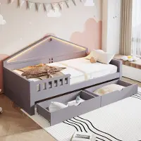 HAUSS SPOLE Bed 90x200cm - Bed met Smartphone-Gestuurde LED en Twee Opbergladen - Ruimtebesparend Voor Jongeren - Massief Hout + MDF - Zonder Matras - Grijs