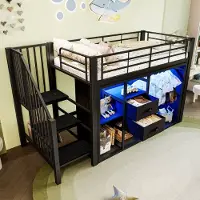 HAUSS SPOLE Halfhoogslaper 90x200 cm - Bed Met 2 Laden En Open Kledingruimte - Meerkleurige App-Gestuurde LED En Meerdere Opbergvakken - Metaal+MDF - Zwart - Zonder matras