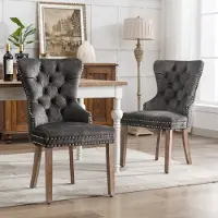 HAUSS SPOLE Eetkamerstoelen Set Van 2 - Fluwelen Bekleding Met Siernagels En Ringgreep - Voor Eetkamer En Woonkamer - Rubberwood - Grijs