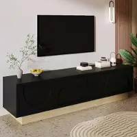 OKWISH Tv-Meubel – Houtnerf En Kabelbeheer – 175×40×41,5 cm – 4 Deuren – Opbergruimte Voor Woonkamer – MDF Zwart