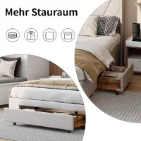 Laura Bedframe 140x200 cm – Tweepersoons Opbergbed met 2 Opberglades, Linnen Beige Hoofdbord, MDF Lattenbodem, Modern Scandinavisch Design, Ruimtebesparend Slaapbed 140x200