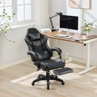 HAUSS SPOLE Bureaustoel – Ergonomisch Race Design – Verstelbaar Met Voetsteun En Massage – Draaibaar Met Hoofd En Lendenkussen – PVC Leer Zwart Grijs