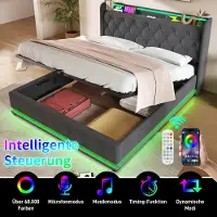 HAUSS SPOLE Gestoffeerd Bed 140x200 cm - 360° LED met App & Afstandsbediening - Hydraulische Opbergruimte - Linnen - Grijs - Zonder matras