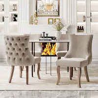 HAUSS SPOLE Eetkamerstoelen Set Van 4 - Fluwelen Gestoffeerde Stoelen Met Knopen En Siernagels - Massief Houten Poten - Beige