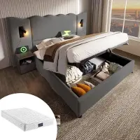 HAUSS SPOLE Gestoffeerd Bed 160x200cm - Tweepersoonsbed Met Hydraulische Opbergruimte - Draaibare Leeslamp Met USB‑C - Linnen - Grijs - Met matras