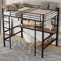 HAUSS SPOLE Hoogslaper 90x200cm - Met Bureaublad En Boekenkast - 4 Driehoekplanken En Vaste Ladder - Metaal En MDF - Zwart - Zonder matras