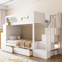 HAUSS SPOLE Kinderstapelbed 90x200cm - Met Bureau En Opberglades - Veiligheidstrap Met Opbergvakken - Zonder matras - Massief Hout - Wit
