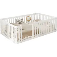 Merax Kinderbed 90x200 cm - Houten Bed met Veiligheidshek - Laag Bed - Wit