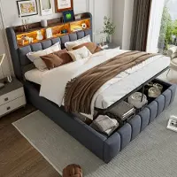 HAUSS SPOLE Gestoffeerd Bed 180x200 - Tweepersoonsbed Met LED-Verlichting En USB-Aansluiting - Linnenstof - Grijs