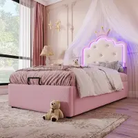 HAUSS SPOLE Gestoffeerd Bed 90x200cm - Kroonprinsessenstijl met Lattenbodem - Hydraulische Opbergruimte en Afstandsbediening LED - PU - Roze - Zonder matras