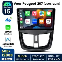 Hexinex Octa-Core autoradio Geschikt voor Peugeot 207 2006-2015 - Draadloos CarPlay, Android Auto,GPS Navi, Android 15, multimediaspeler, 6GB+128GB