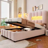 HAUSS SPOLE Gestoffeerd Bed 90x200cm - Verstelbaar Hoofdeinde & Hydraulische Opbergruimte - Meerkleurige LED-Sfeerverlichting - Velours & MDF - Roze - Zonder Matras