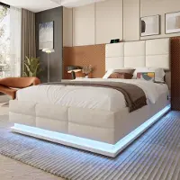 HAUSS SPOLE Gestoffeerd Bed 90x200 cm - Met USB En Type-C, Dimbare LED En Hydraulische Opbergruimte - Fluweel - Zonder matras - Beige