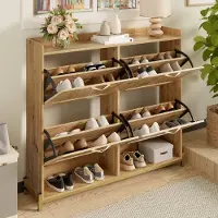 HAUSS SPOLE Schoenenkast - Verticale Schoenenopberger Met Lamellen Deuren En 4 Deuren - MDF Met Metalen Onderstel - 108,5x24x100 cm - Houtkleur
