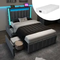 HAUSS SPOLE Gestoffeerd Bed 90x200 cm - Eenpersoonsbed met USB Type-C en 3 USB-poorten - Met LED-sfeerverlichting en 2 laden - Linnen - Grijs - Zonder matras