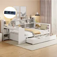 HAUSS SPOLE Massief Houten Slaapbank 90x200 cm - Multifunctioneel Met Bureau En Boekenplanken - Met USB En Stopcontact En 2 Ladeboxen - Wit - Zonder matras
