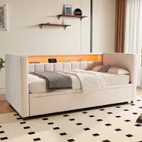 HAUSS SPOLE Gestoffeerde Slaapbank 90x190cm - Uitklapbaar Bed Met USB-Type-C En Instelbare LED-Sfeer - Met Opbergruimte En Lade - Velvet - Beige - Zonder Matras
