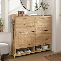 HAUSS SPOLE Schoenenkast – Smal Klapmodel met 4 Deuren en Veel Opbergruimte voor Hal en Gang – MDF met Metalen Poten – 108,5x24x100 Cm – Houtkleur