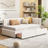 HAUSS SPOLE Gestoffeerd Bed 90x200 cm - Eenpersoons Slaapbank Met 2 Grote Opberglades - Zacht Gevoerd Hoofdeinde - Fluweel - Beige - Zonder matras